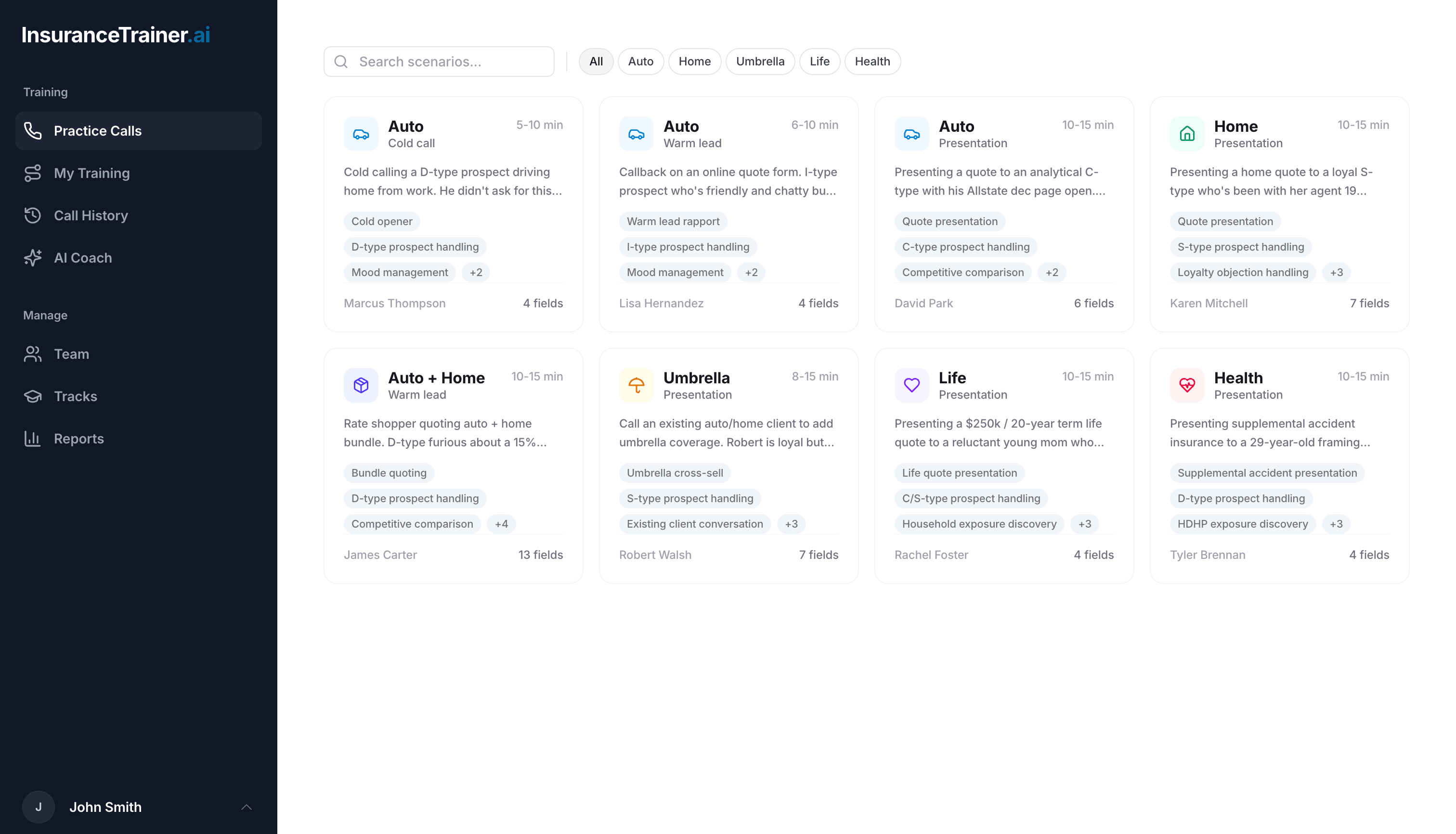 InsuranceTrainer.ai practice call screen
